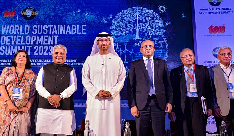 (L-R) Vibha Dhawan, DG, The Energy and Resources Institute; Bhupendra Yadav, Union Minister; Sultan Al Jaber, COP28 President-designate UAE; Bharrat Jagdeo, Vice President of Guyana; Nitin Desai- Chairman Governing Council TERI and Shailesh Nayak, Chancellor, TERI School of Advanced Studies at World Sustainable Development Summit, in New Delhi | PTI