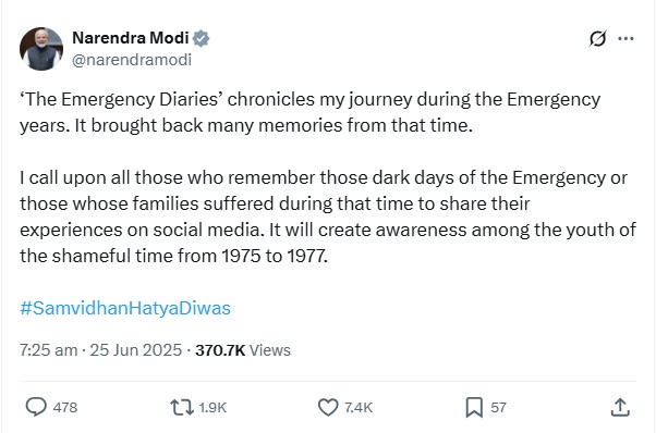 Prime Minister Narendra Modi today announced the release of a new book titled The Emergency Diaries