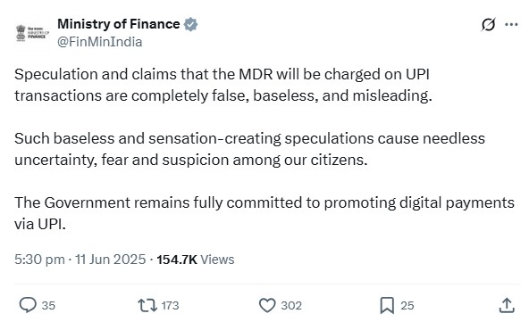 Government claims that the MDR will be charged on UPI transactions are completely false