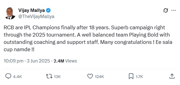 Vijay Mallya reaction on RCB wins first IPL