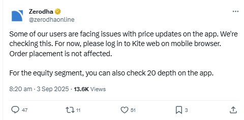 Zerodha users reported issues with live price updates on the app